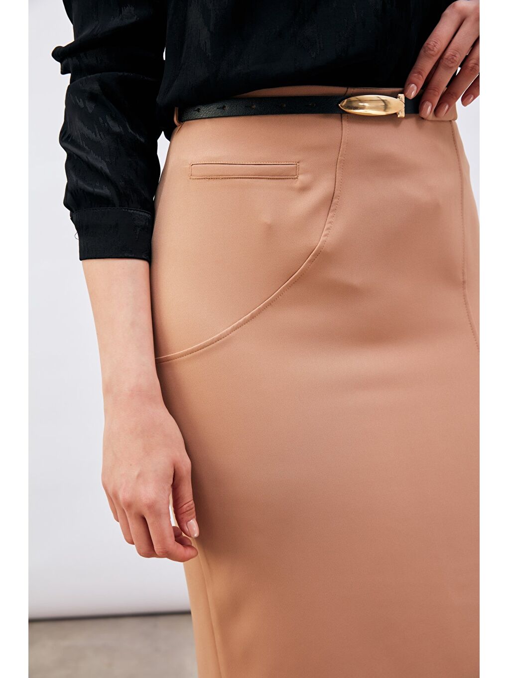 Kahverengi Kemerli Midi Boy Kalem Etek - Camel-2