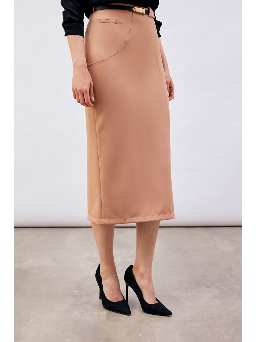 Kahverengi Kemerli Midi Boy Kalem Etek - Camel-3