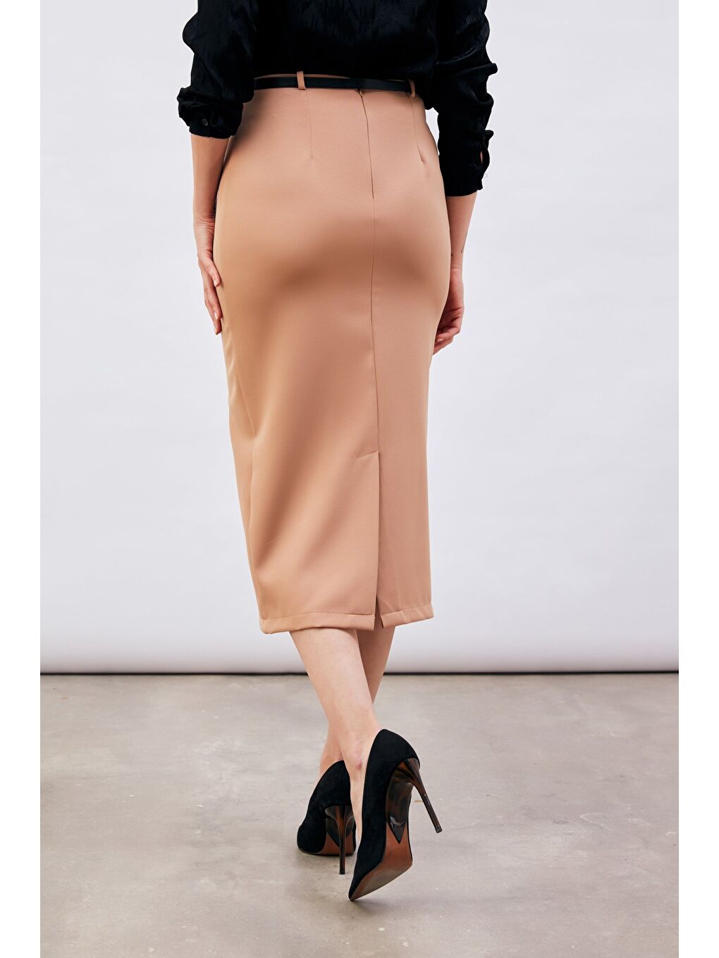 Kahverengi Kemerli Midi Boy Kalem Etek - Camel-4