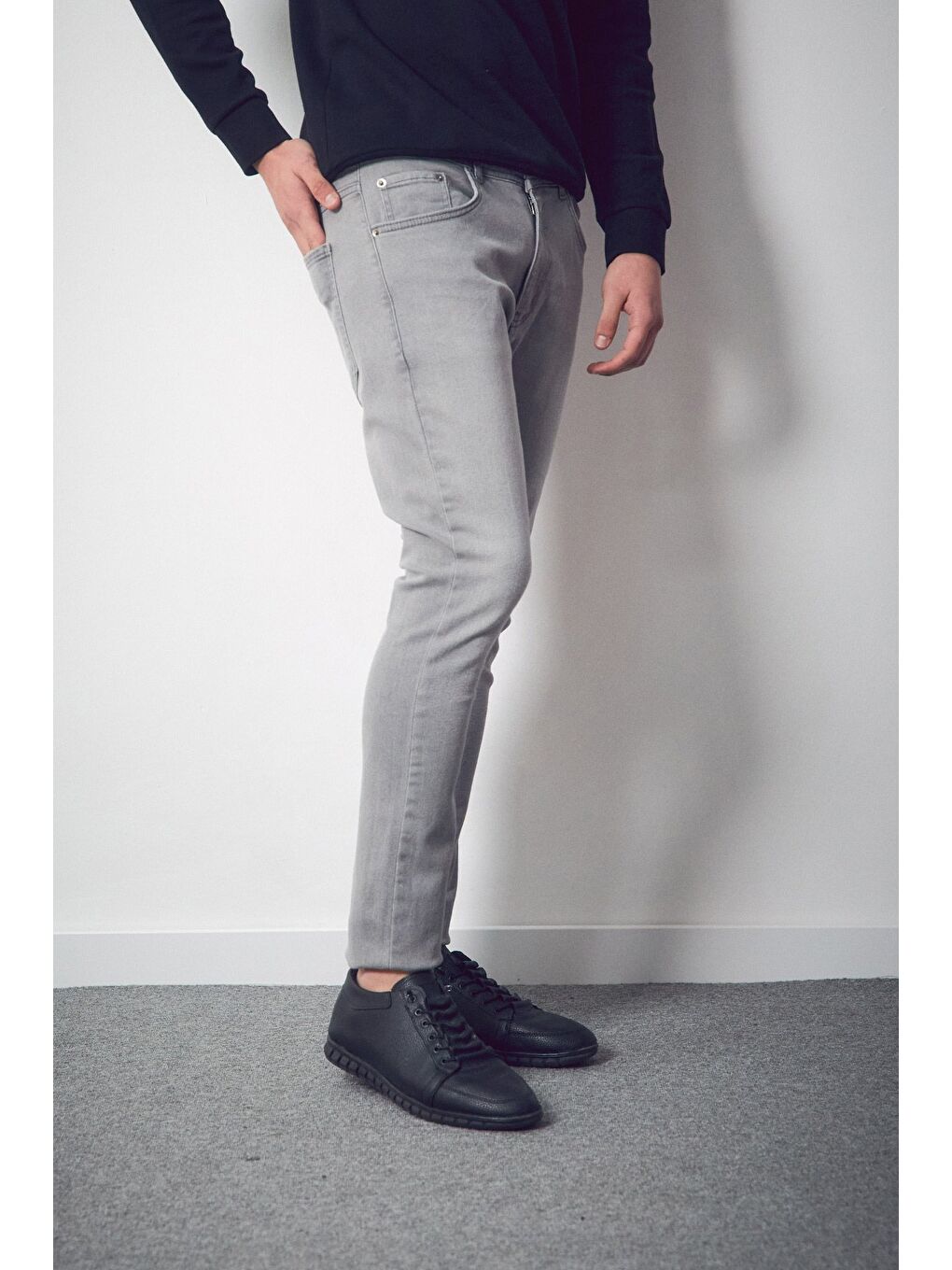 Gri Fermuarlı Skinny Jean Pantolon-1