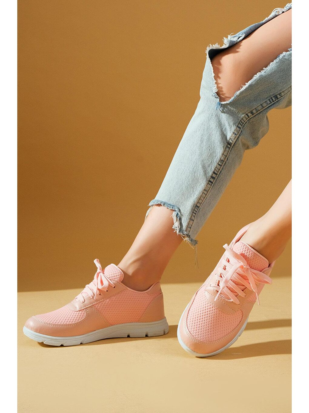 Pembe Potin Pudra Pembe Fileli Bağcıklı Rahat Taban Kadın Sneakers A1971-23