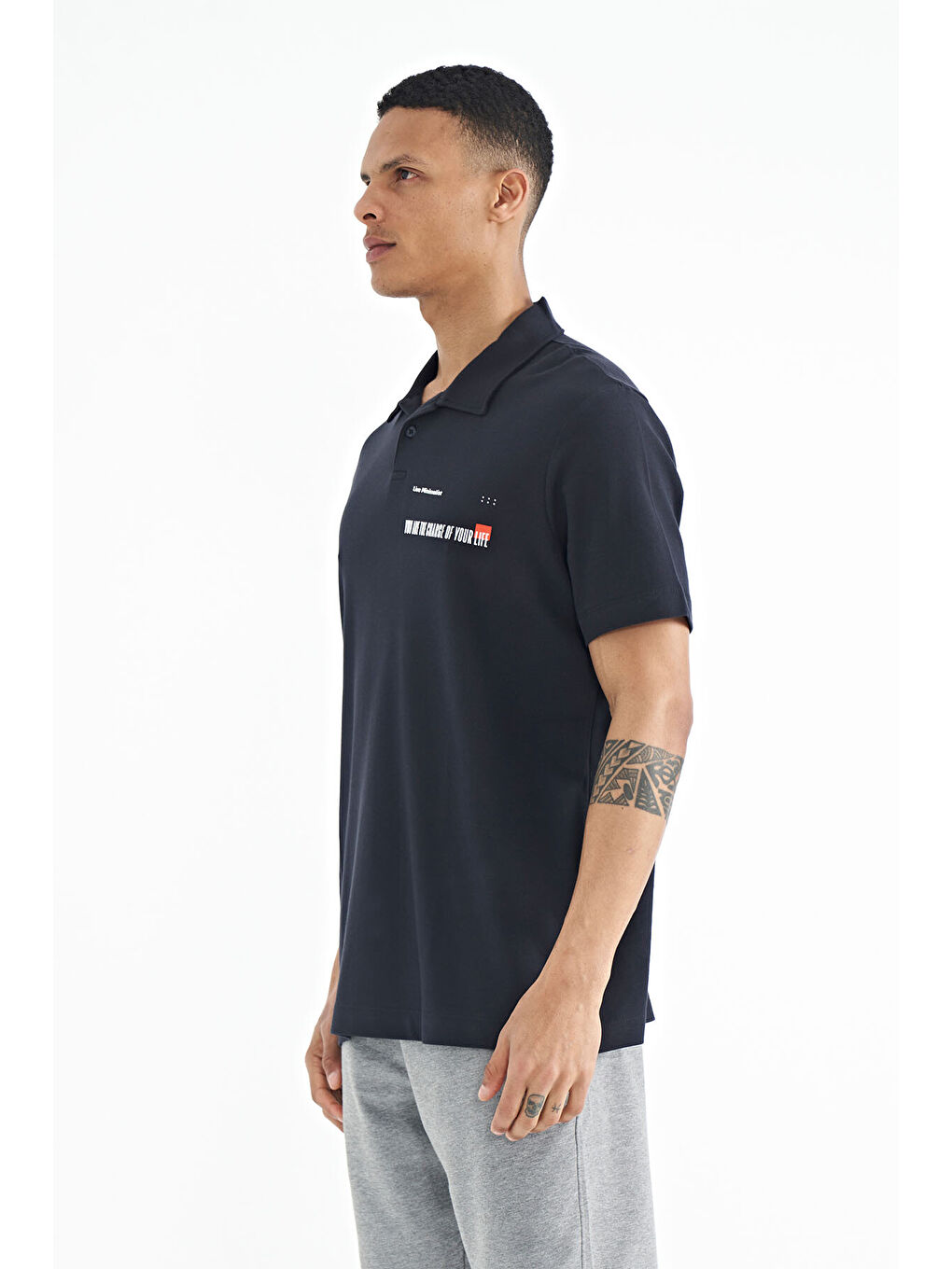 Lacivert Yazı Baskılı Standart Form Polo Yaka Erkek %100 Pamuk Tişört - 88236-3