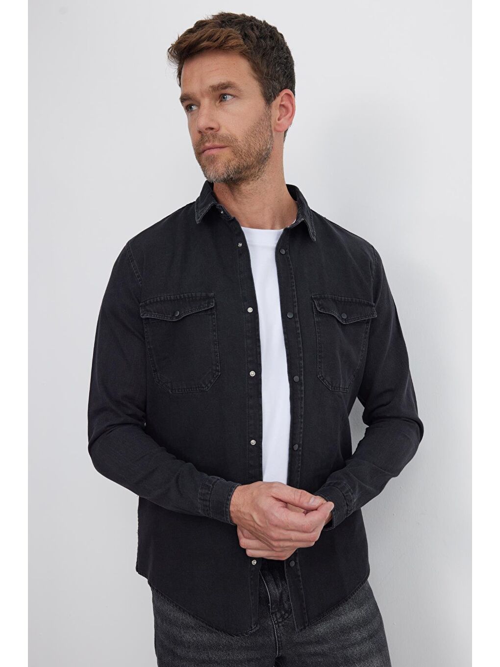 Erkek Slim Fit Dar Kesim Uzun Kollu Denim Çift Cep Çıtçıtlı Siyah %100 Pamuk Gömlek-1