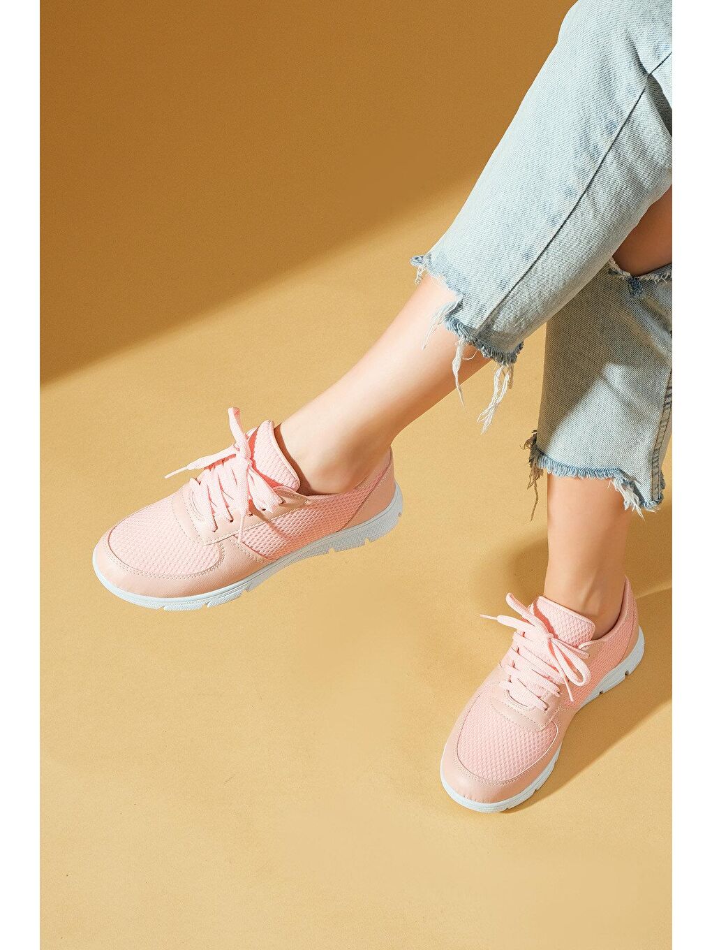 Pembe Potin Pudra Pembe Fileli Bağcıklı Rahat Taban Kadın Sneakers A1971-23 - 1