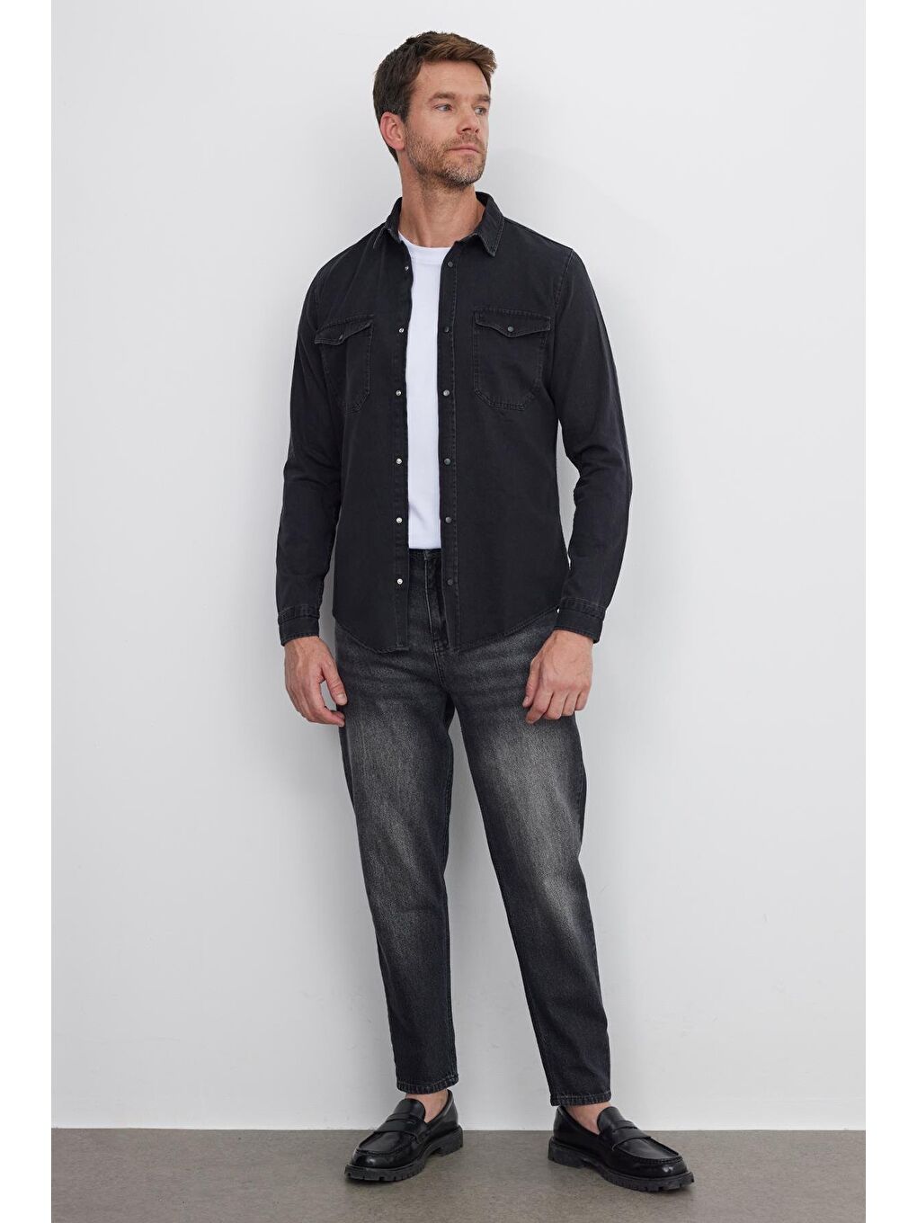 Erkek Slim Fit Dar Kesim Uzun Kollu Denim Çift Cep Çıtçıtlı Siyah %100 Pamuk Gömlek-4