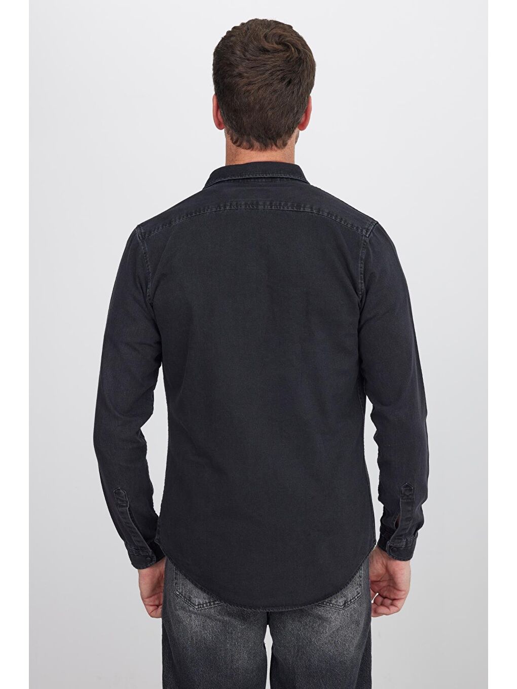 Erkek Slim Fit Dar Kesim Uzun Kollu Denim Çift Cep Çıtçıtlı Siyah %100 Pamuk Gömlek-6