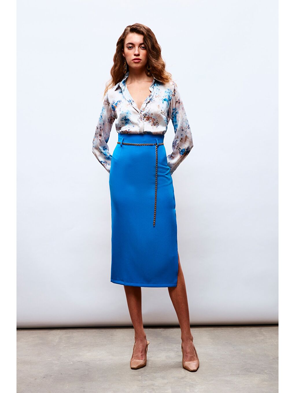 Zincir Kemerli Kalem Etek - Mavi-2