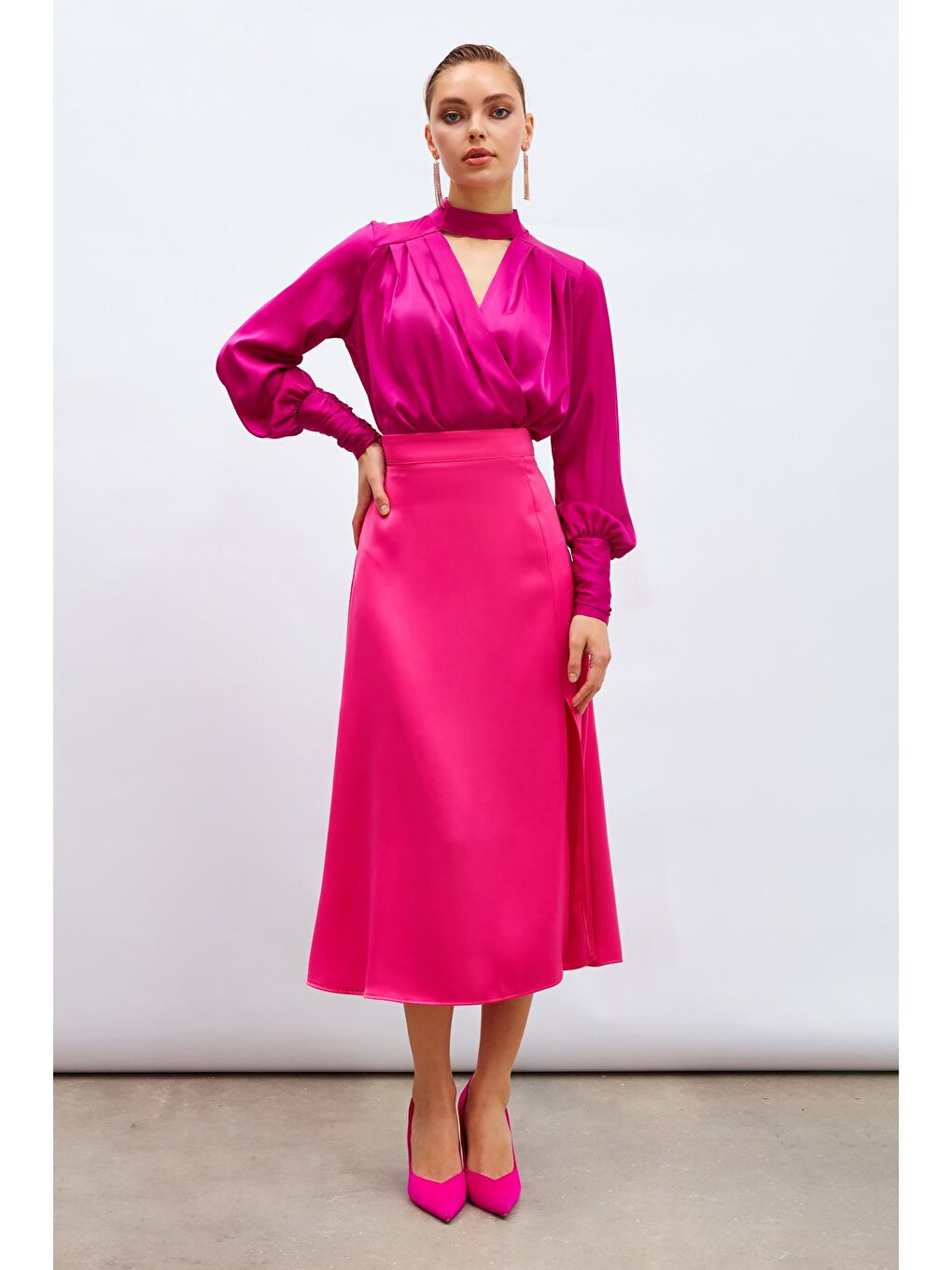 Yırtmaçlı Saten Etek - Fuşya-2
