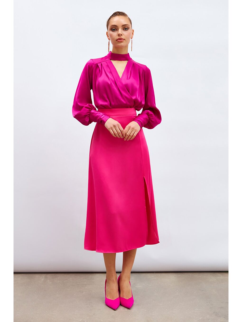 Yırtmaçlı Saten Etek - Fuşya-3