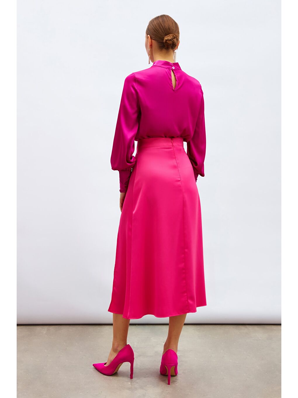 Yırtmaçlı Saten Etek - Fuşya-6