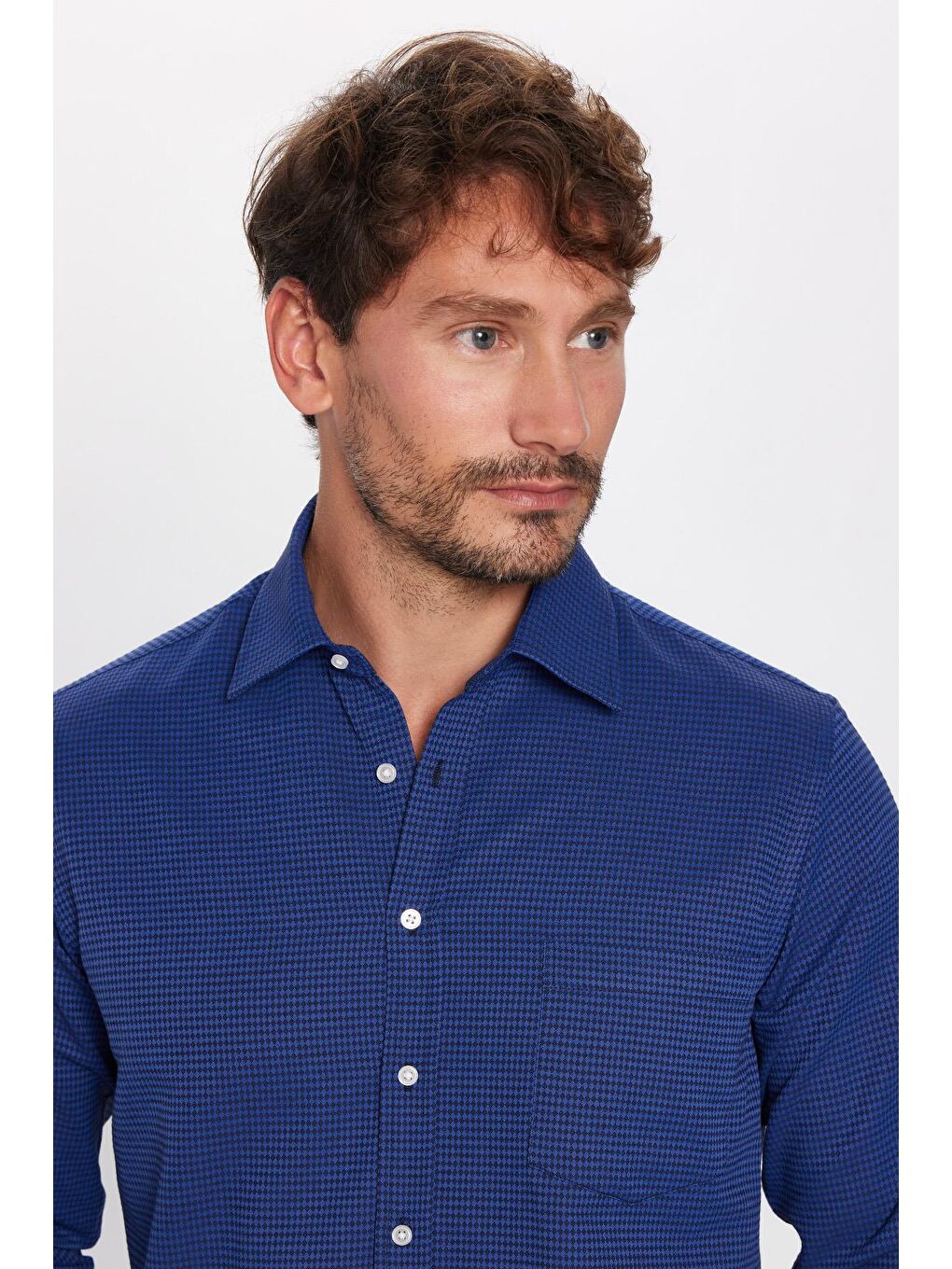 Erkek Regular Fit Klasik Kesim Pamuklu Tek Cepli Armürlü Saks Mavi Gömlek-1