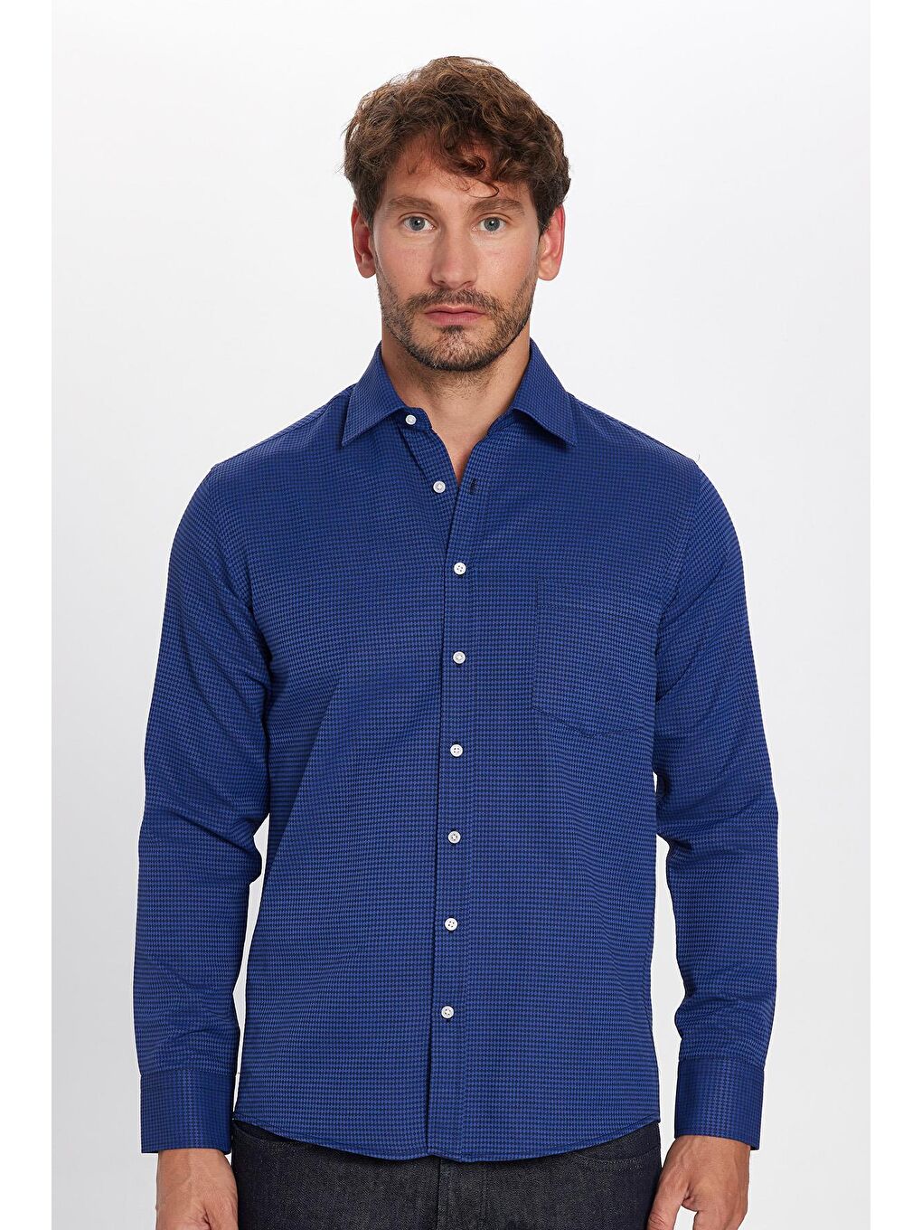 Erkek Regular Fit Klasik Kesim Pamuklu Tek Cepli Armürlü Saks Mavi Gömlek-2