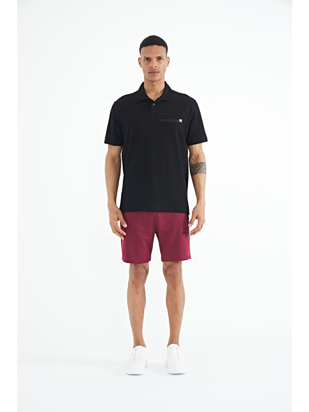 Siyah Yazı Baskılı Standart Form Polo Yaka Erkek %100 Pamuk Tişört - 88236-1