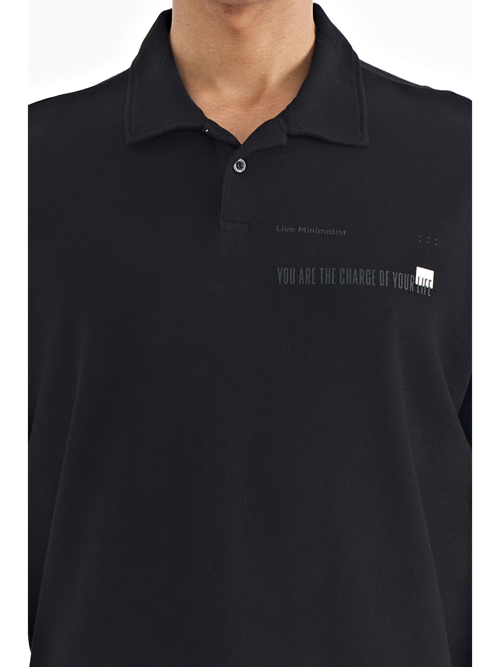 Siyah Yazı Baskılı Standart Form Polo Yaka Erkek %100 Pamuk Tişört - 88236-2