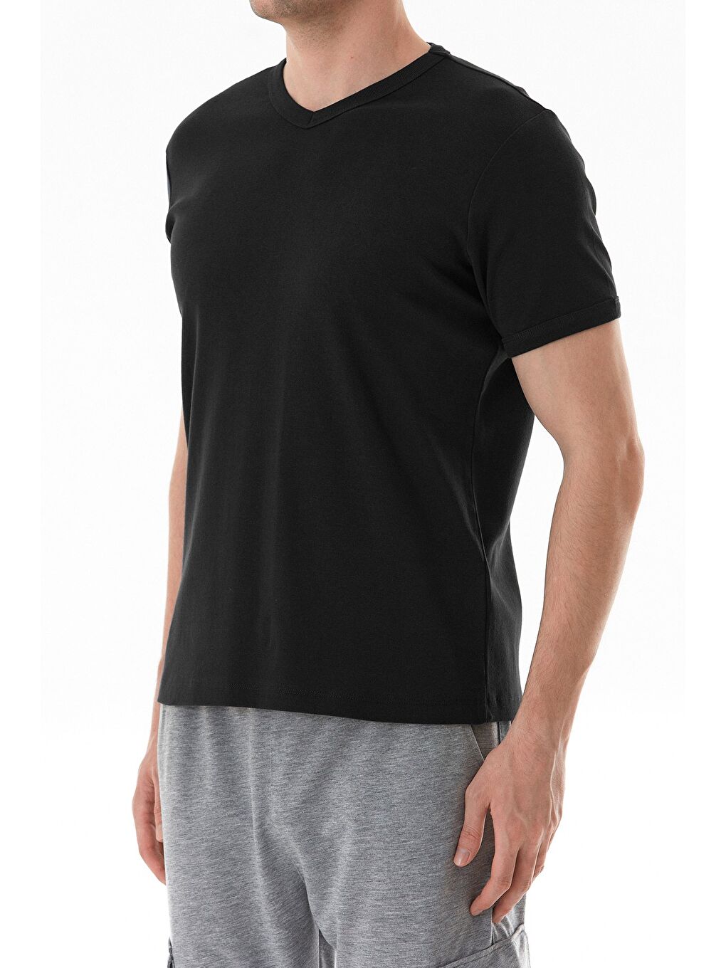 Siyah Basic V Yaka Ribanalı Tişört-4