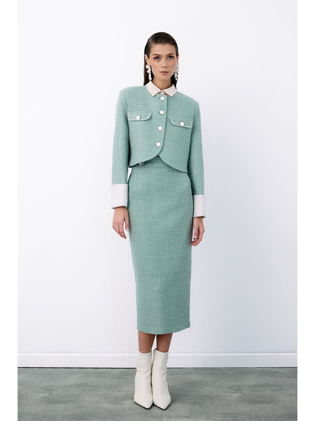 Yeşil Süs Düğmeli Tüvit Kalem Etek - Mint-1