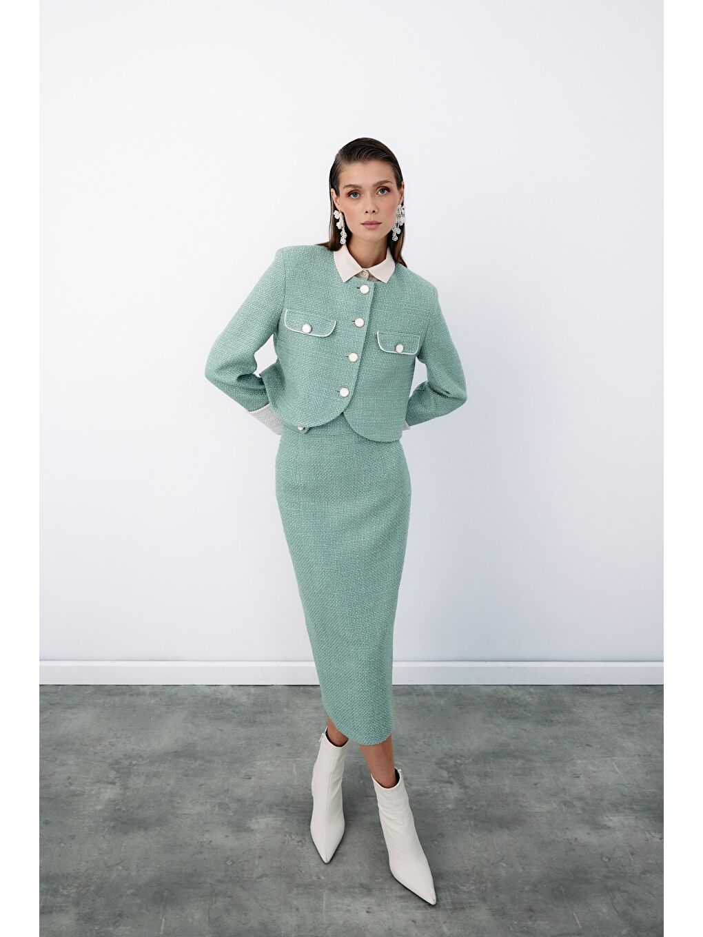 Yeşil Süs Düğmeli Tüvit Kalem Etek - Mint-2