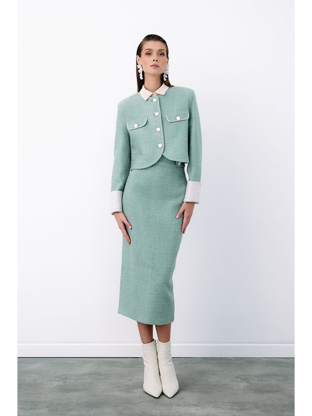 Yeşil Süs Düğmeli Tüvit Kalem Etek - Mint-3