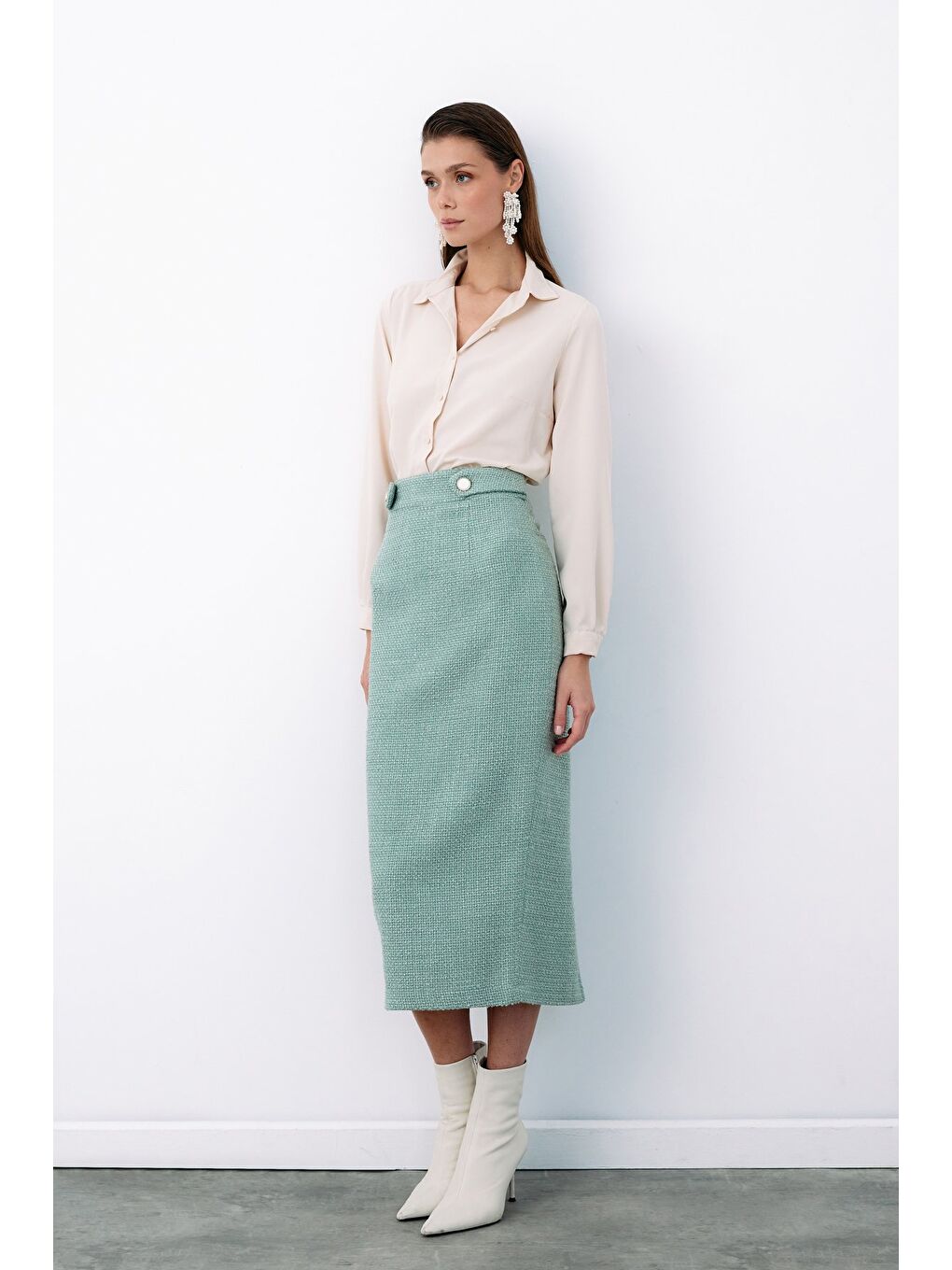 Yeşil Süs Düğmeli Tüvit Kalem Etek - Mint-5