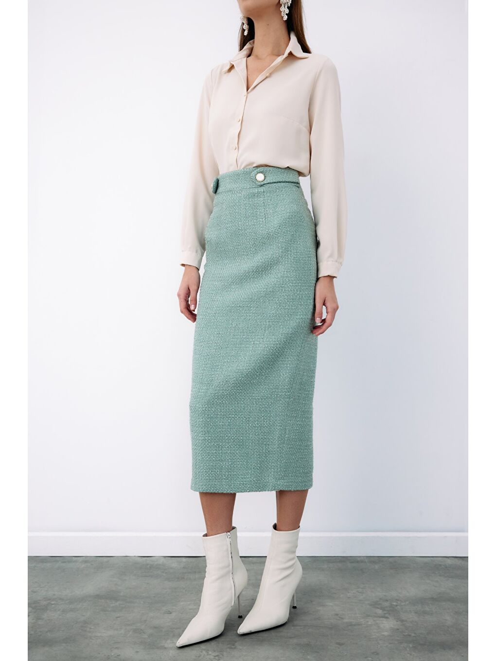 Yeşil Süs Düğmeli Tüvit Kalem Etek - Mint-6