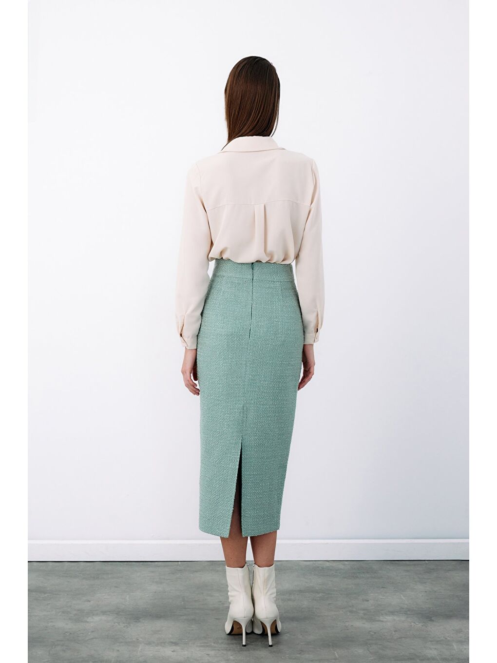 Yeşil Süs Düğmeli Tüvit Kalem Etek - Mint-7