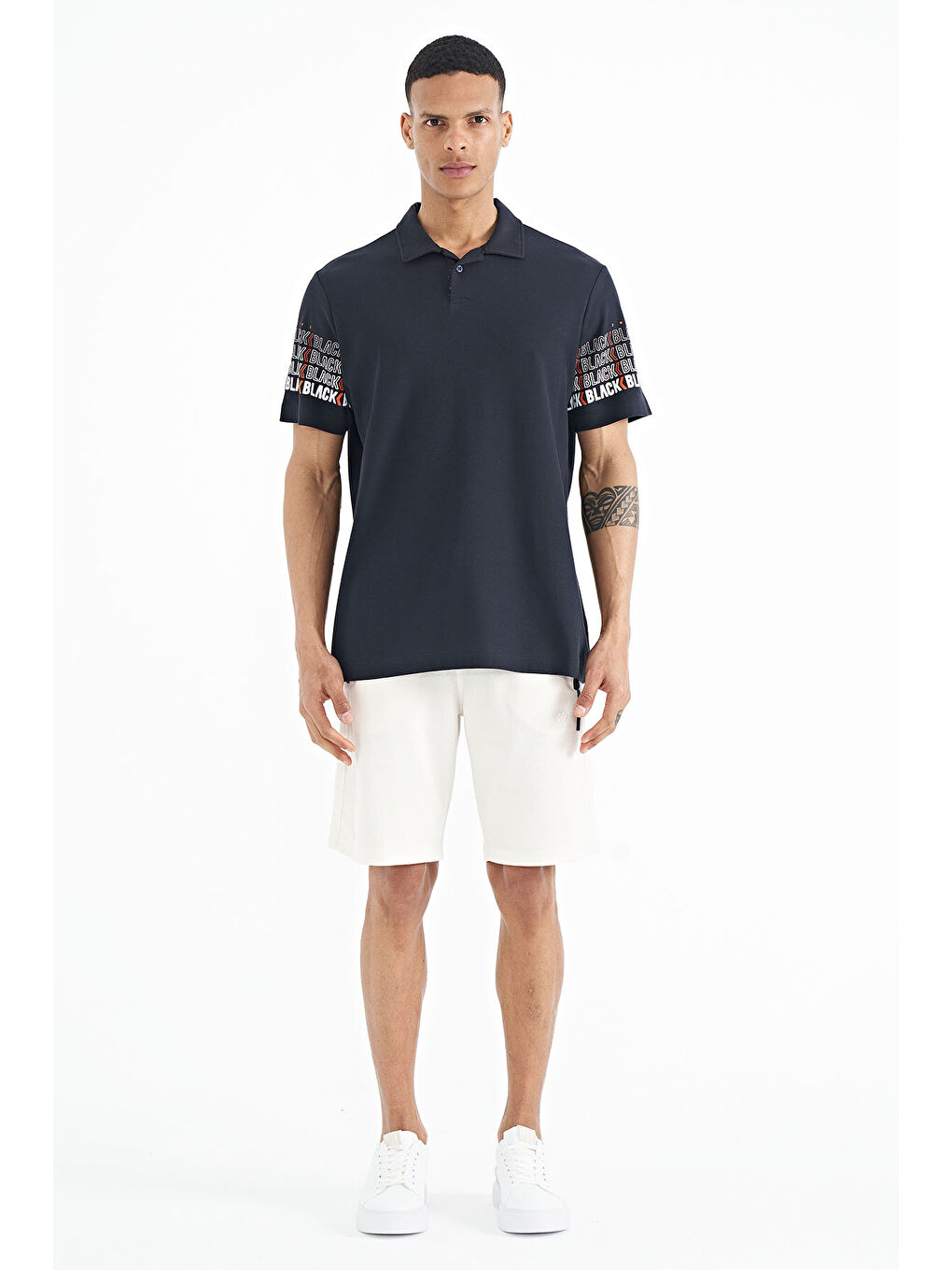 Lacivert Kol Baskı Detaylı Polo Yaka Standart Form Erkek %100 Pamuk Tişört - 88240-1