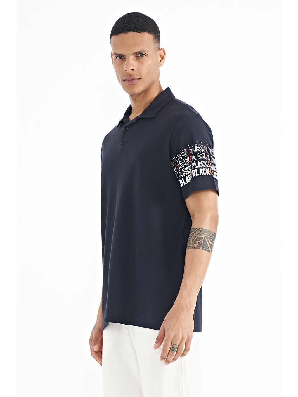 Lacivert Kol Baskı Detaylı Polo Yaka Standart Form Erkek %100 Pamuk Tişört - 88240-3