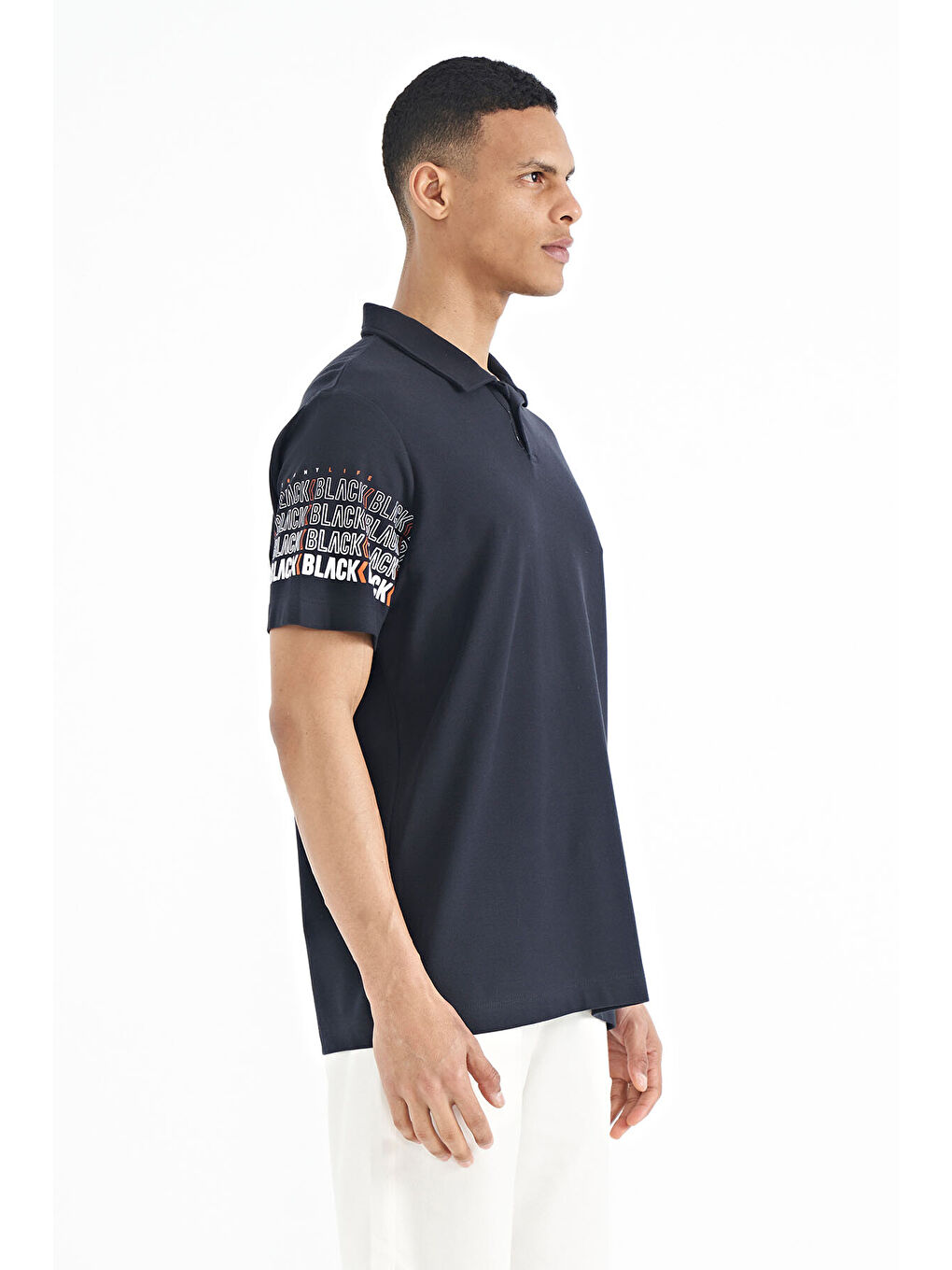 Lacivert Kol Baskı Detaylı Polo Yaka Standart Form Erkek %100 Pamuk Tişört - 88240-4