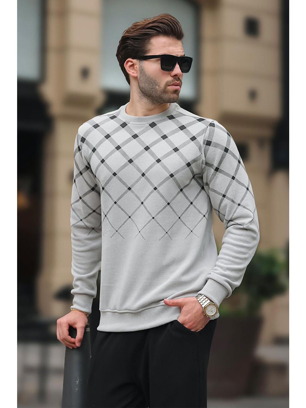 Boyalı Gri Desenli Bisiklet Yaka Triko Kazak 6019-1