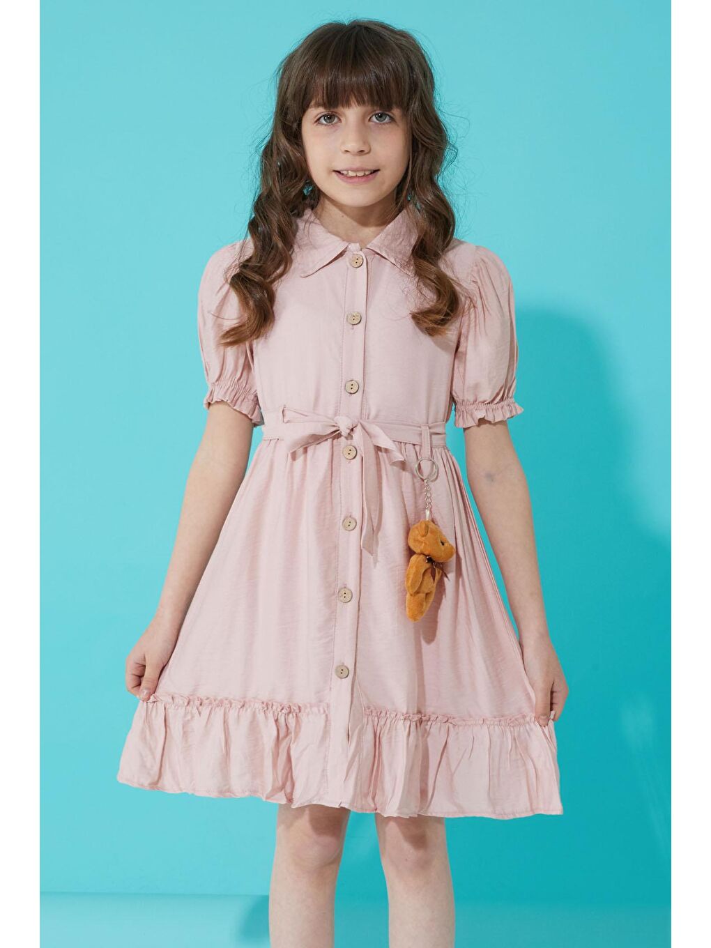 Pembe Düğmeli Ayıcıklı Kısa Kollu Kız Çocuk Elbise 15305