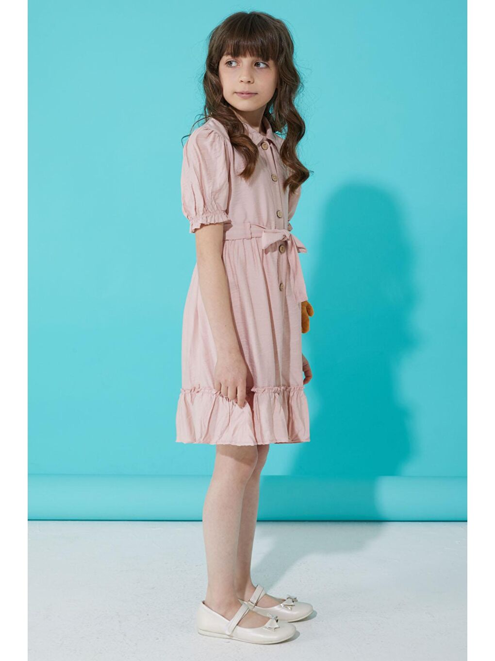 Pembe Düğmeli Ayıcıklı Kısa Kollu Kız Çocuk Elbise 15305-1