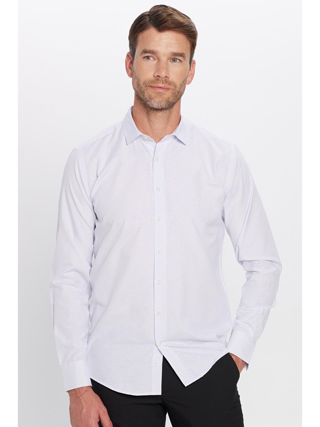 Karışık Erkek Modern Slim Fit Dar Kesim Uzun Kollu Pamuklu Çizgili 4 Mevsim İtalyan Yaka Gömlek