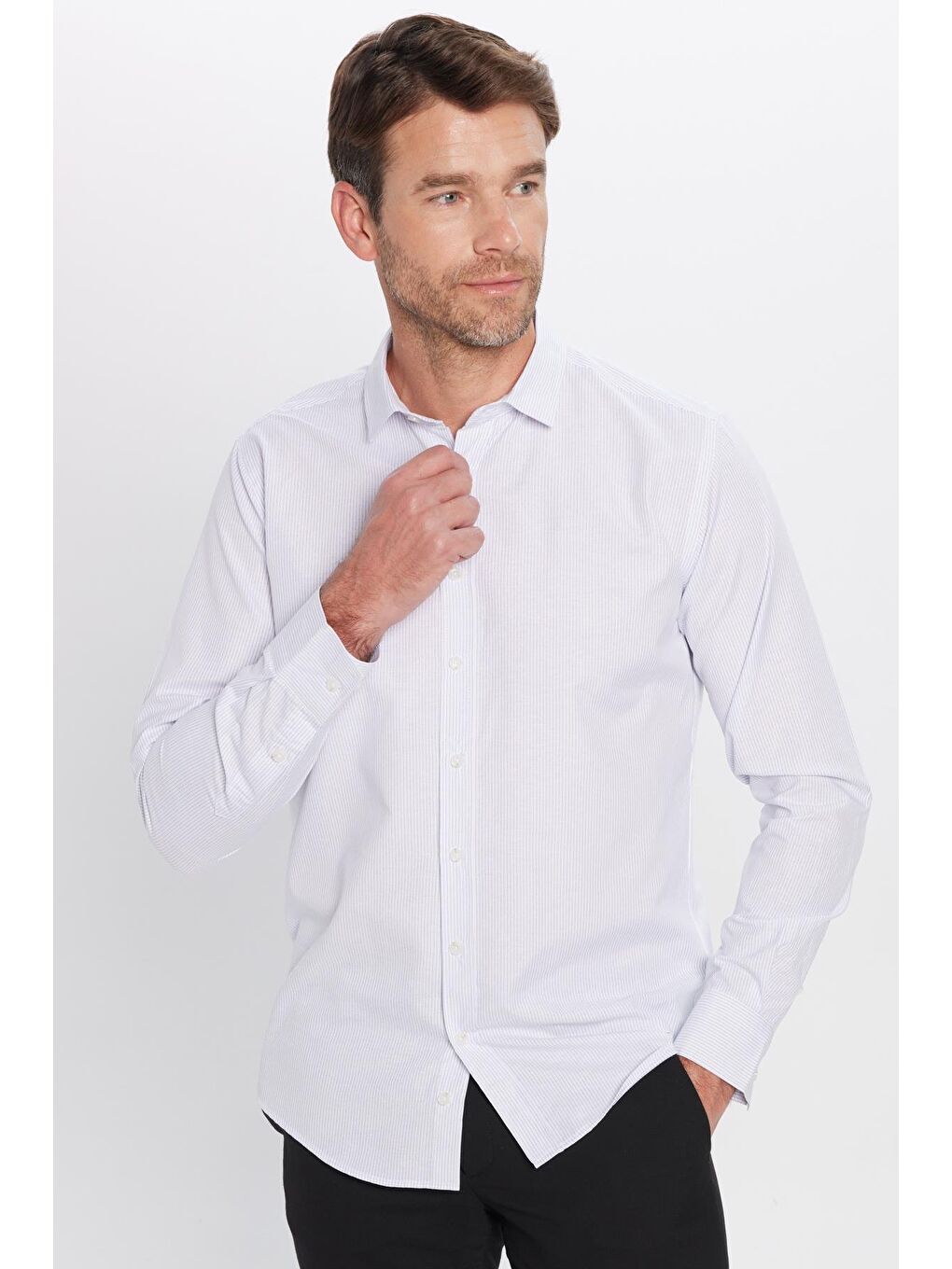 Karışık Erkek Modern Slim Fit Dar Kesim Uzun Kollu Pamuklu Çizgili 4 Mevsim İtalyan Yaka Gömlek-3