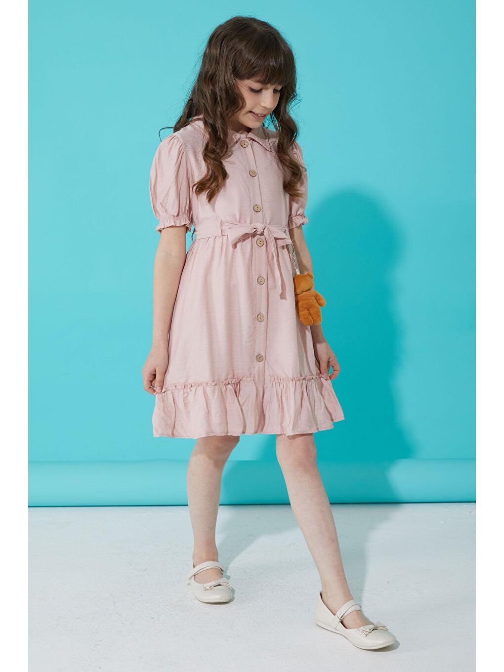 Pembe Düğmeli Ayıcıklı Kısa Kollu Kız Çocuk Elbise 15305-2
