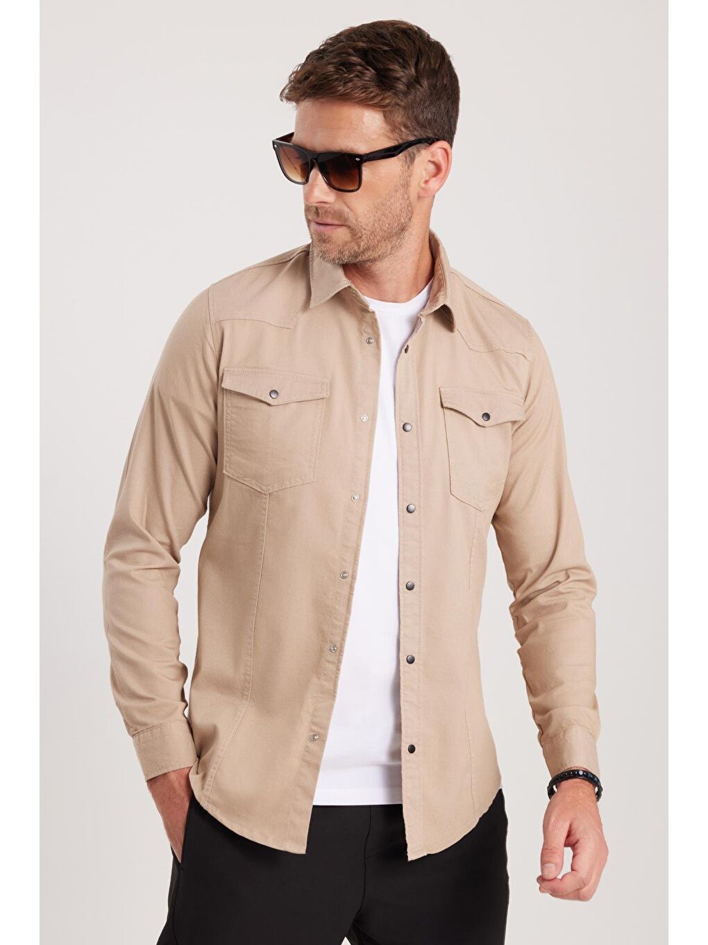 Bej Slim Fit Uzun Kollu Gündelik Denim Jean Erkek Taş Gömlek