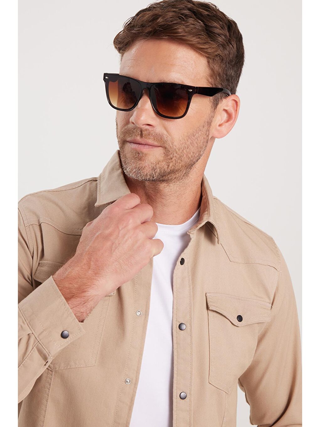 Bej Slim Fit Uzun Kollu Gündelik Denim Jean Erkek Taş Gömlek-1