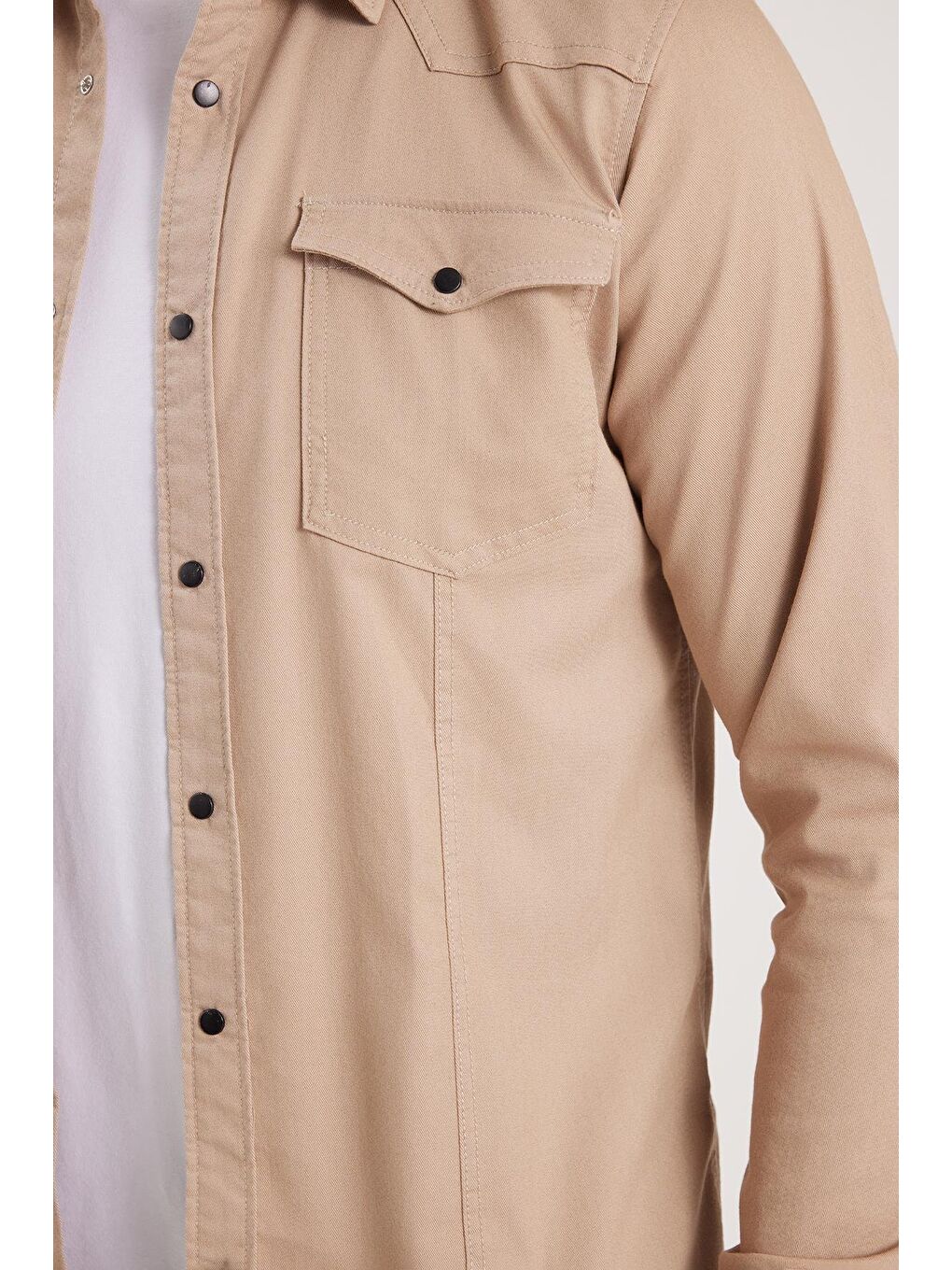 Bej Slim Fit Uzun Kollu Gündelik Denim Jean Erkek Taş Gömlek-2