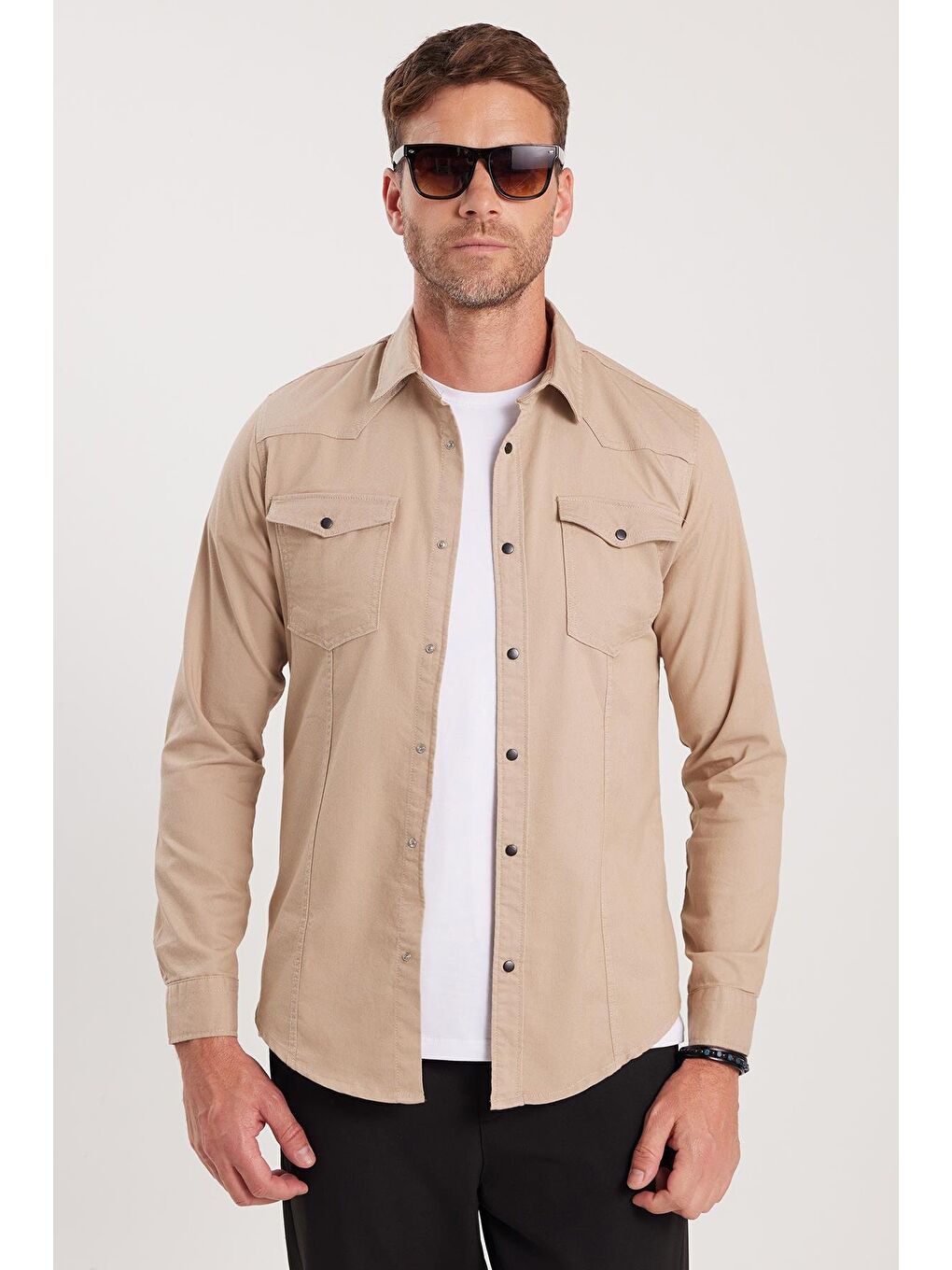 Bej Slim Fit Uzun Kollu Gündelik Denim Jean Erkek Taş Gömlek-3