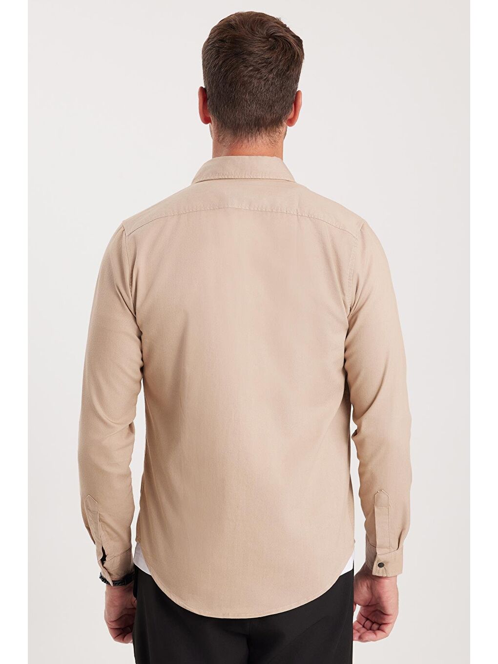 Bej Slim Fit Uzun Kollu Gündelik Denim Jean Erkek Taş Gömlek-5