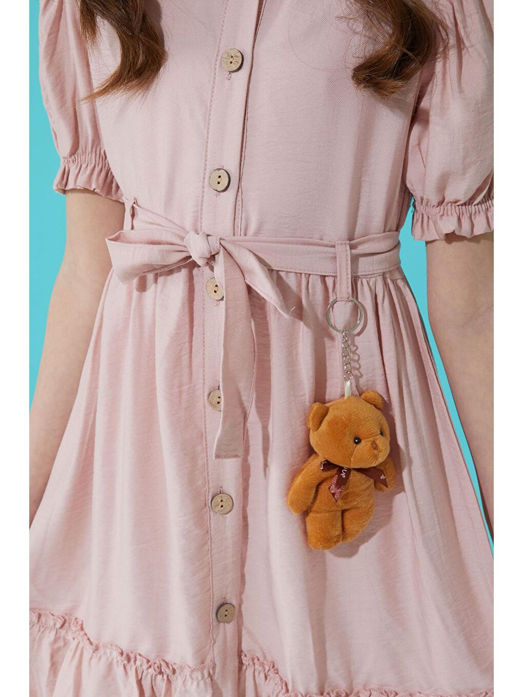 Pembe Düğmeli Ayıcıklı Kısa Kollu Kız Çocuk Elbise 15305-3