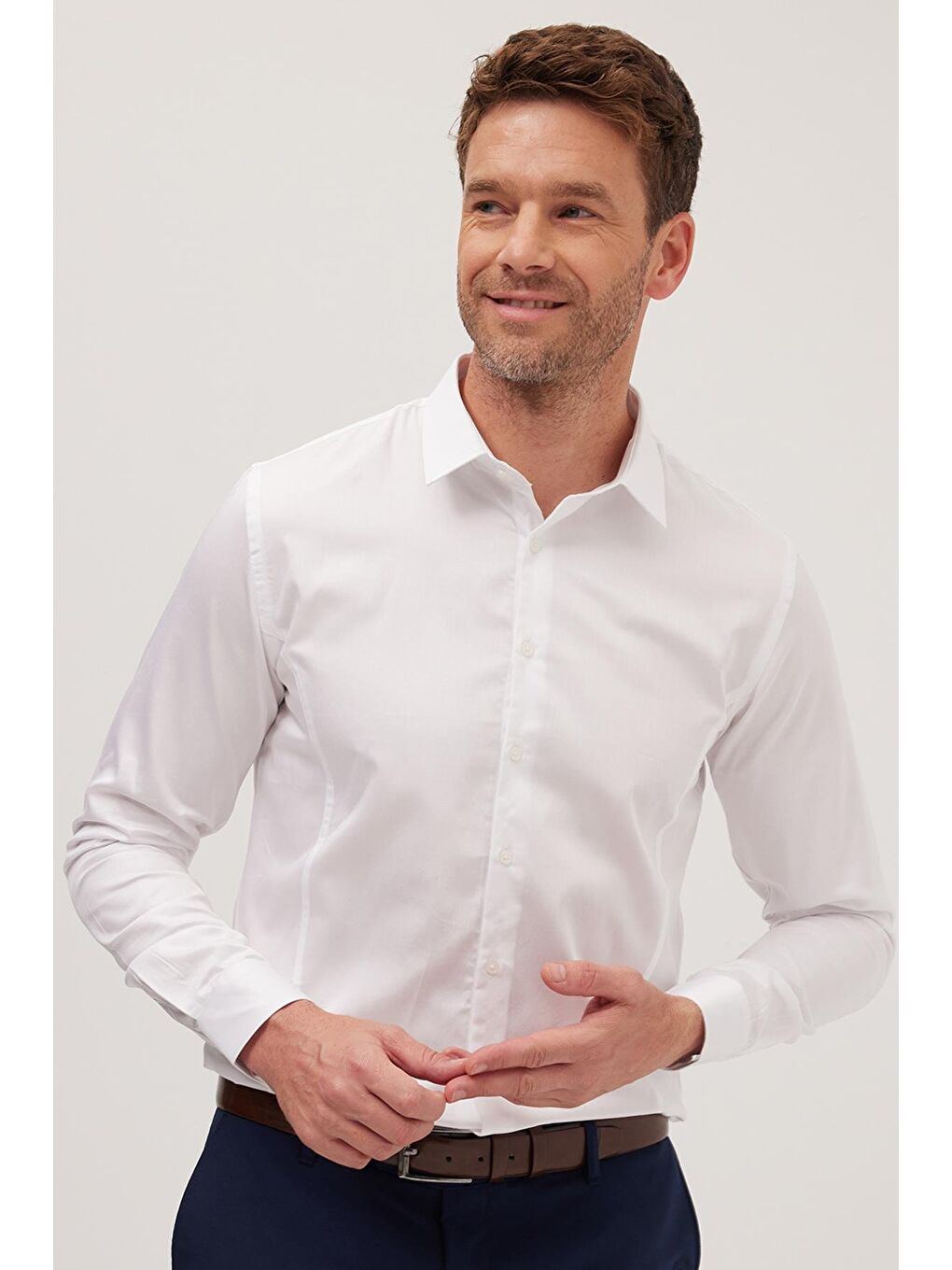 Erkek Slim Fit Dar Kesim Uzun Kollu %100 Pamuk Premium Seri Beyaz Gömlek-3