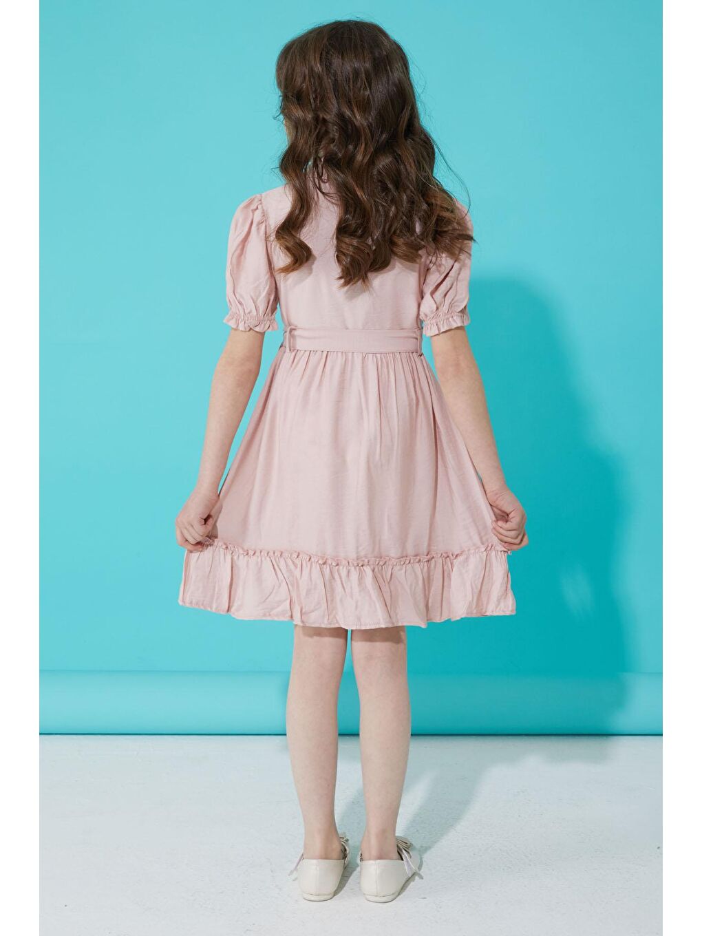 Pembe Düğmeli Ayıcıklı Kısa Kollu Kız Çocuk Elbise 15305-4