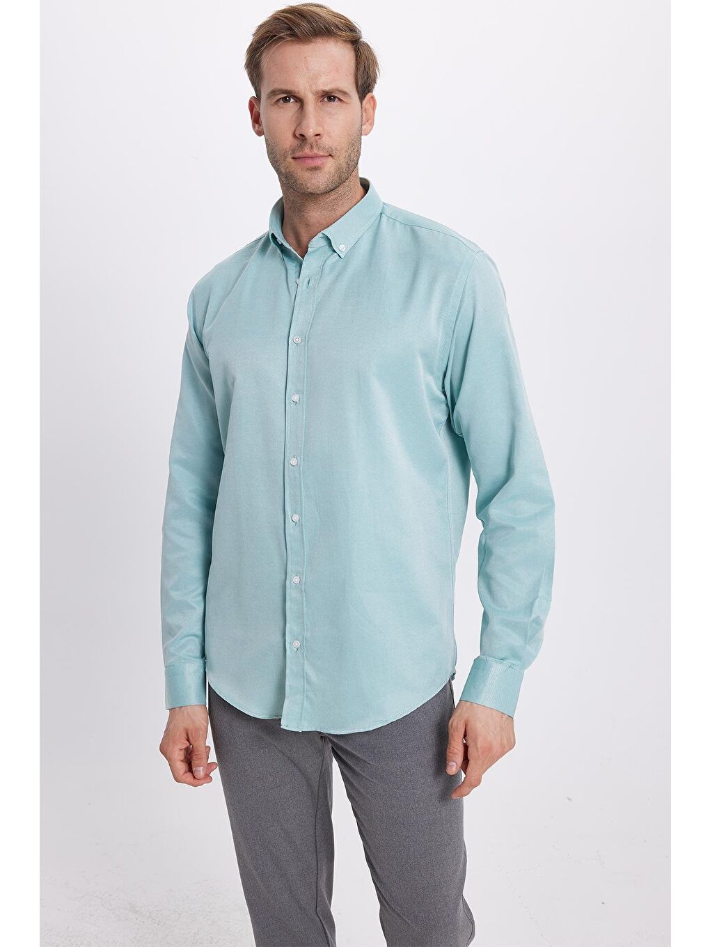 Erkek Slim Fit Dar Kesim Pamuklu Kolay Ütü Yeşil Düğmeli Yaka Gömlek-1