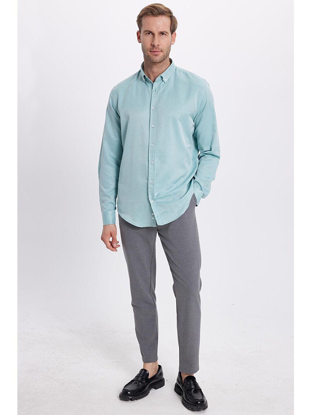 Erkek Slim Fit Dar Kesim Pamuklu Kolay Ütü Yeşil Düğmeli Yaka Gömlek-3