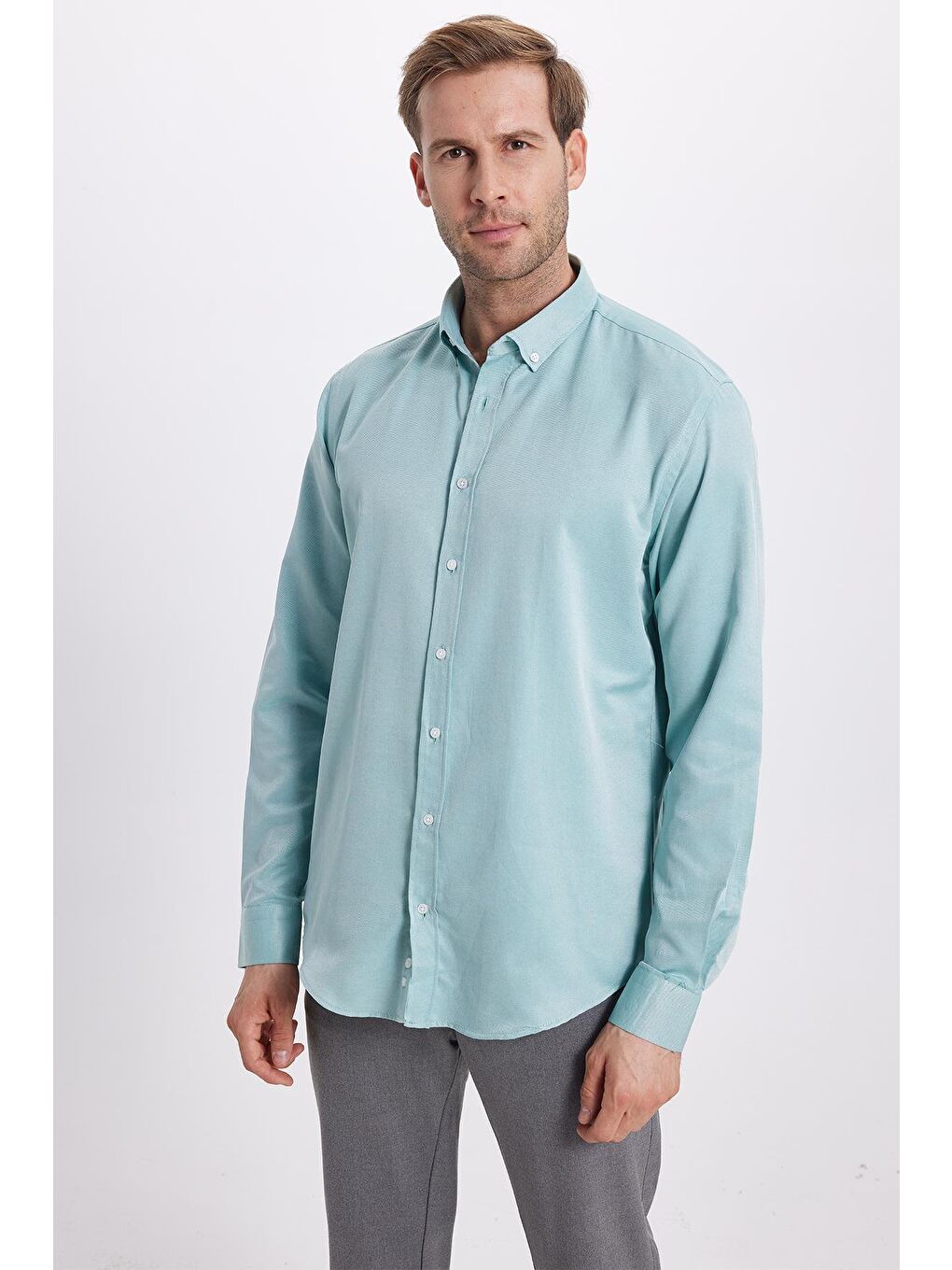 Erkek Slim Fit Dar Kesim Pamuklu Kolay Ütü Yeşil Düğmeli Yaka Gömlek-4
