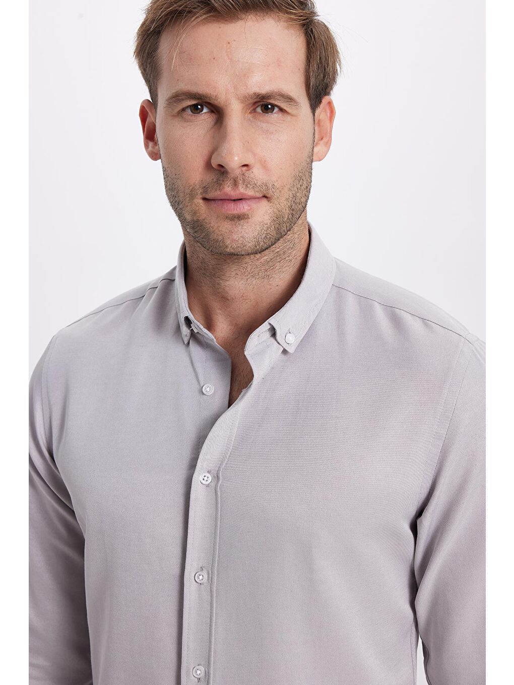 Erkek Slim Fit Dar Kesim Pamuklu Kolay Ütü Gri Düğmeli Yaka Gömlek-1