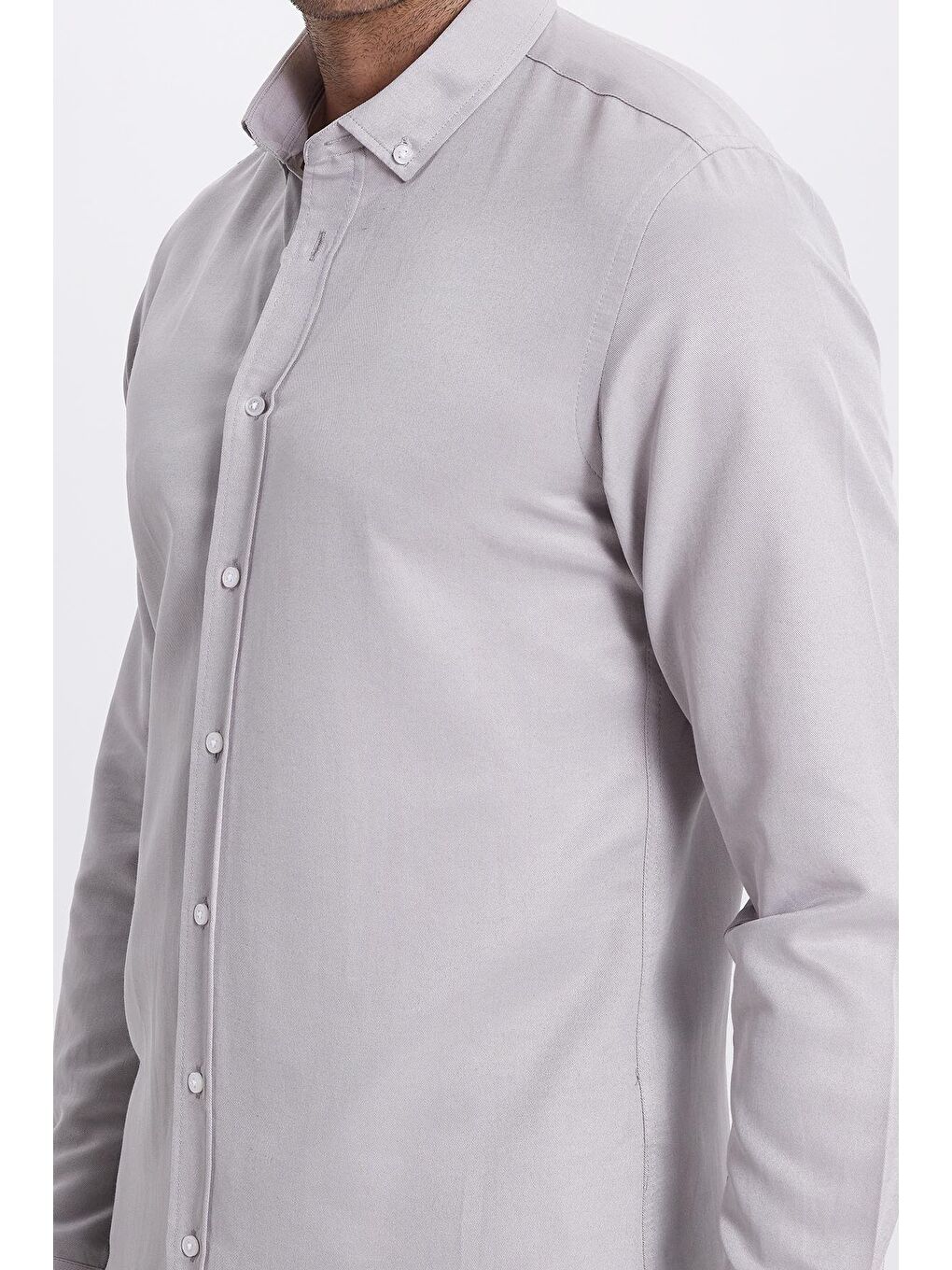 Erkek Slim Fit Dar Kesim Pamuklu Kolay Ütü Gri Düğmeli Yaka Gömlek-2