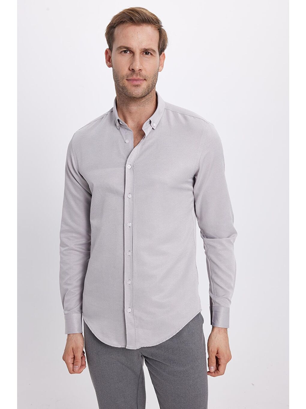 Erkek Slim Fit Dar Kesim Pamuklu Kolay Ütü Gri Düğmeli Yaka Gömlek-4