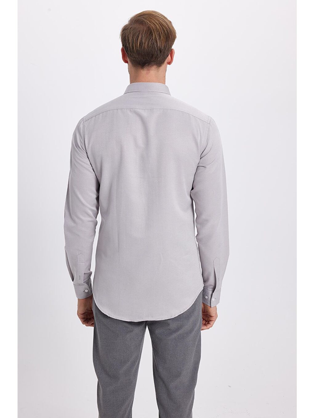 Erkek Slim Fit Dar Kesim Pamuklu Kolay Ütü Gri Düğmeli Yaka Gömlek-6
