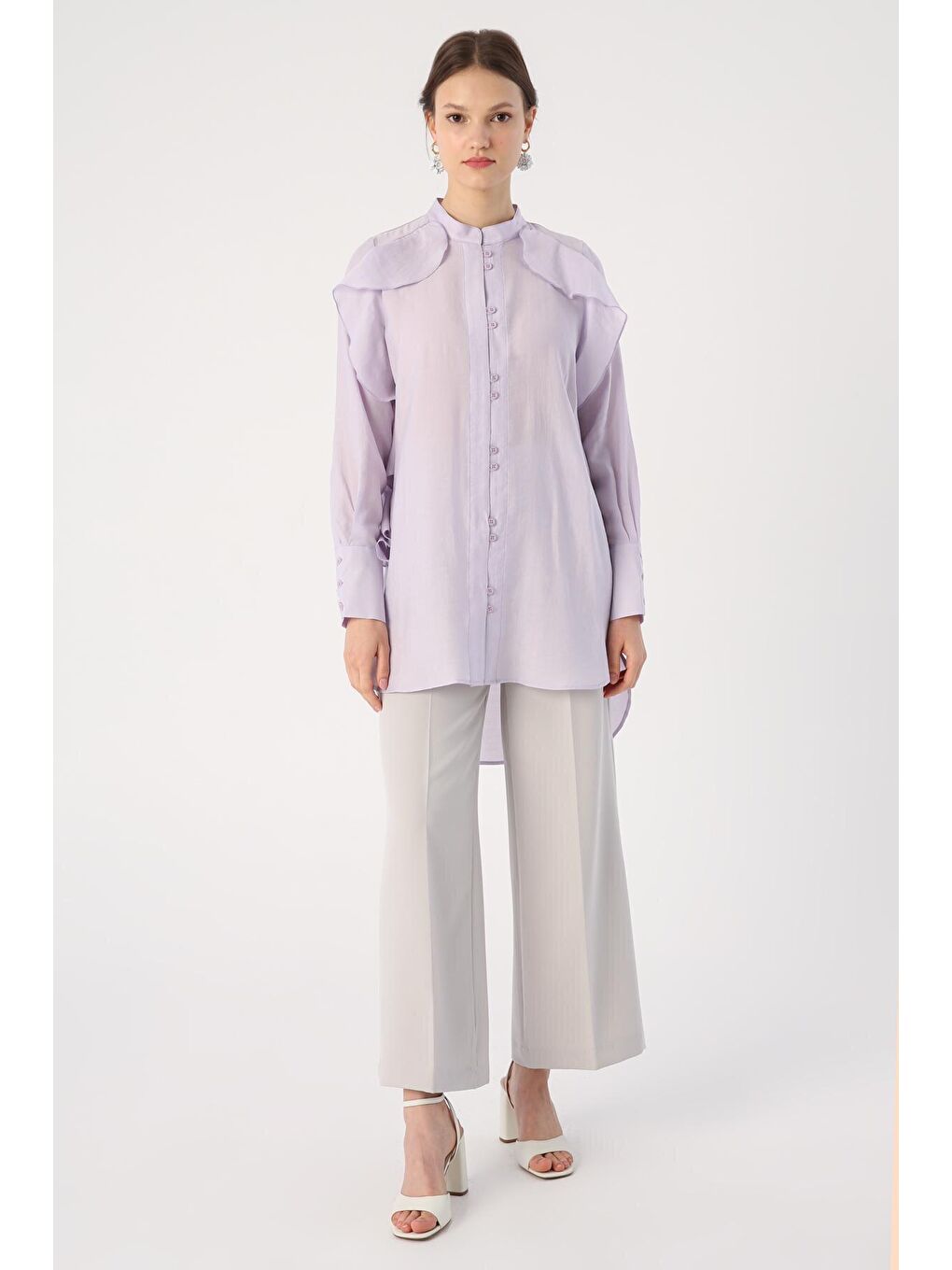 Açık Lila Volan Detaylı Gömlek Tunik-1